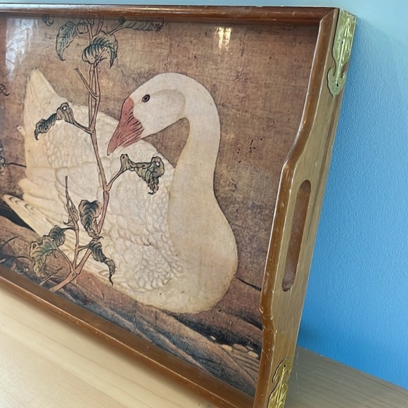 Wooden vintage serving tray metal engraved corners goose motif - Picture 3 of 10